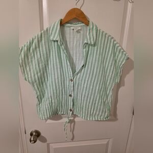 beach Lunch lounge Mint Green Striped Button-Down Shirt
